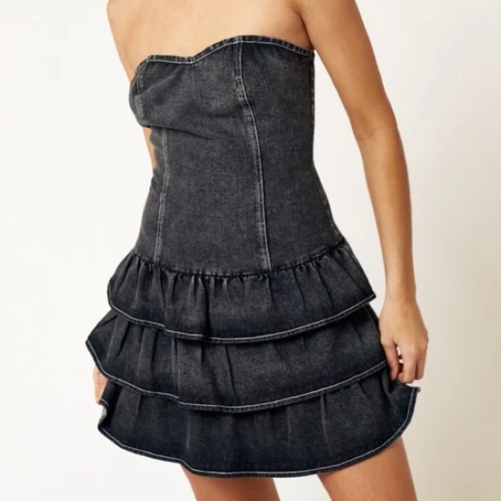 Blue Blush Strapless Denim Ruffle Dress